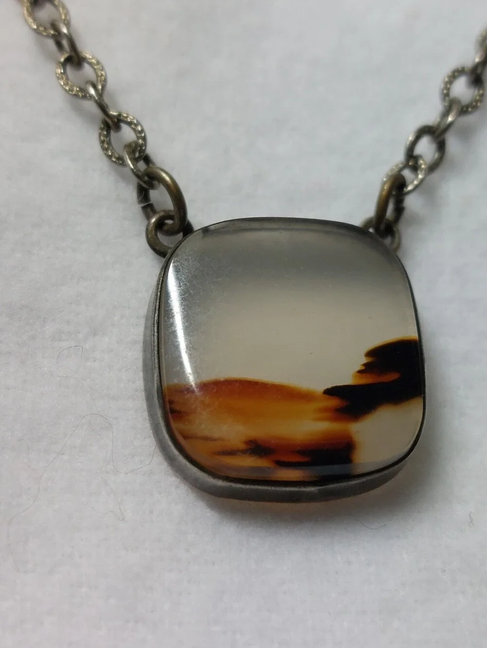 Vintage Estate Mid Century Scenic Moss Agate Loop Tie Bar Pendant Retro Unmarked